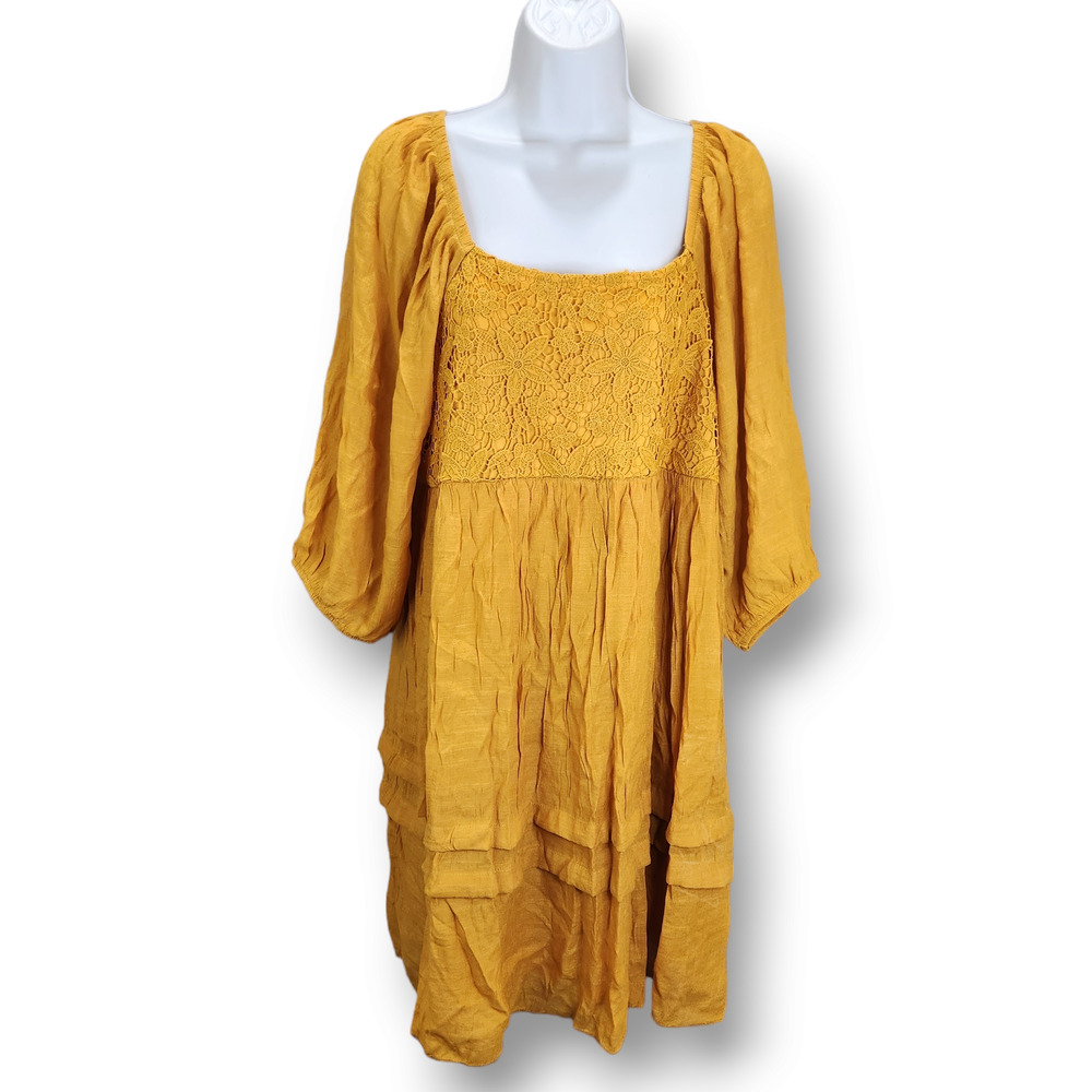 J Gee Tunic Dress XLarge Orange Marigold Micro Smocked Floral Crochet Peasant